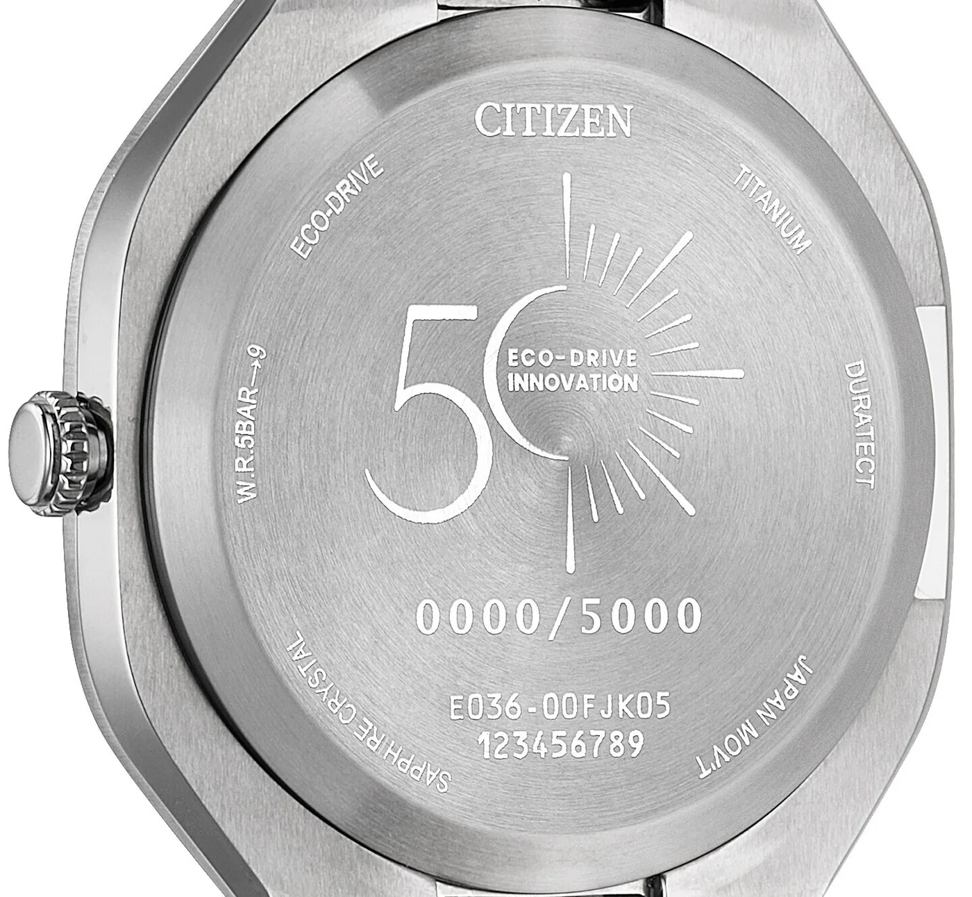 Case back engraved with the Eco-Drive 50th Anniversary logo and an individual limited edition number