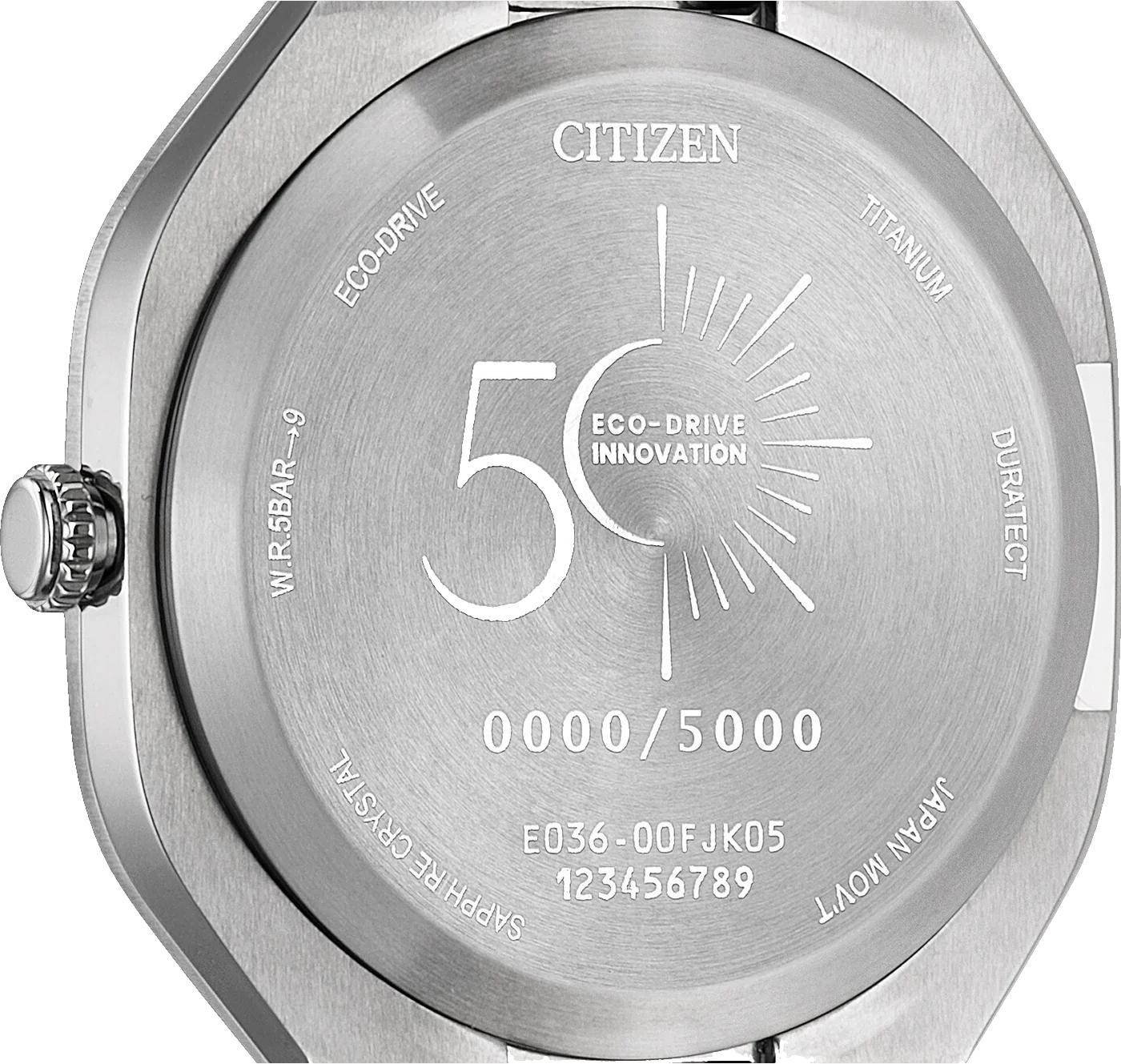 Case back engraved with the Eco-Drive 50th Anniversary logo and an individual limited edition number