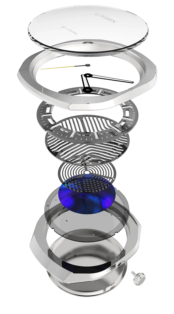 Exploded view of the PHOTON dial: dial cover, upper metal dial, lower metal dial and structural colour film above the Eco-Drive solar cell